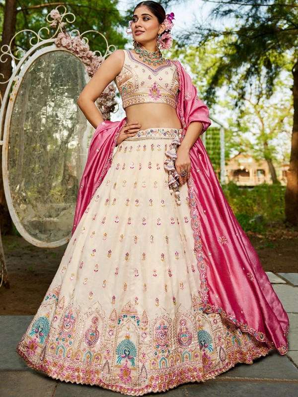 Pure Tissue Silk fabric Wedding Wear Lehenga In Cream Color With Embroidery Work 