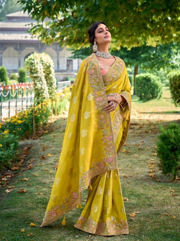 Pure Dola Silk Saree In Yellow Color With Embroidery Work