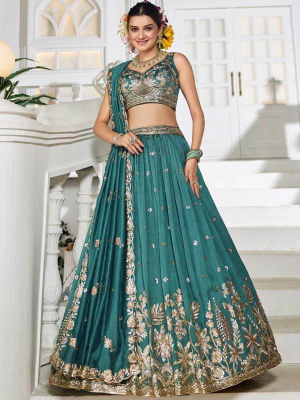 Georgette Silk Party wear Lehenga In Teal Color With Embroidery Work 