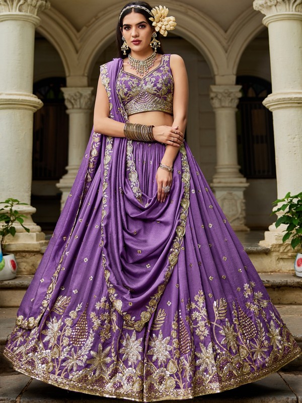 Georgette Silk Party wear Lehenga In Purple Color With Embroidery Work 