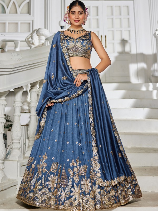 Georgette Silk Party wear Lehenga In Navy Blue Color With Embroidery Work 