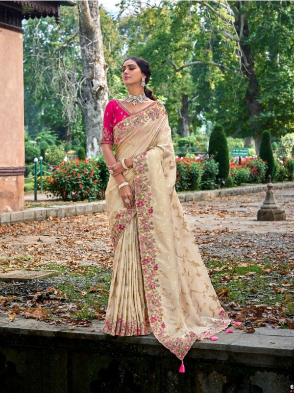 Pure Dola Silk Saree In Cream Color With Embroidery Work