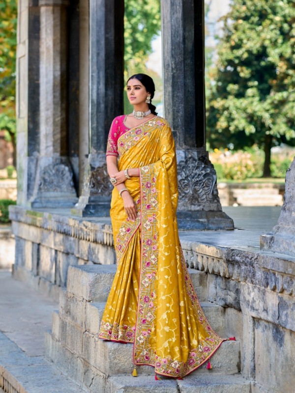 Pure Dola Silk Saree In Yellow Color With Embroidery Work