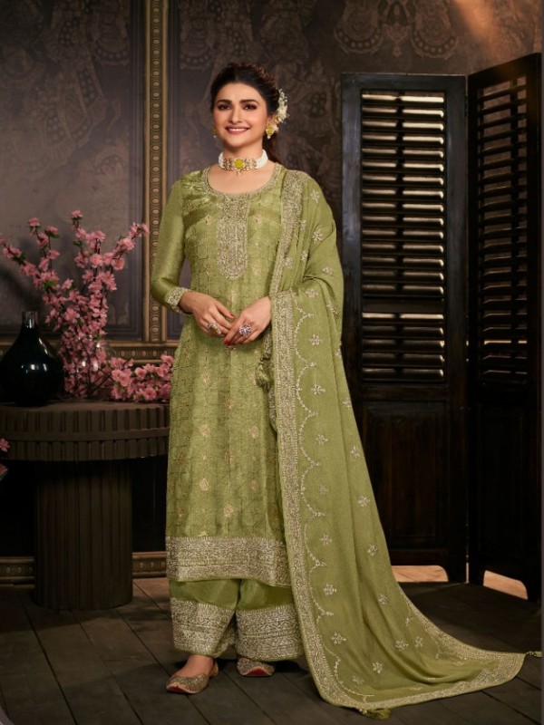 Pure Dola Jacquard Silk Party Wear Suit in Green Color with Embroidery Work