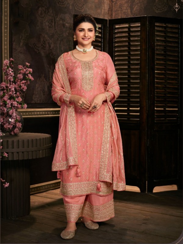 Pure Dola Jacquard Silk Party Wear Suit in Peach Color with Embroidery Work