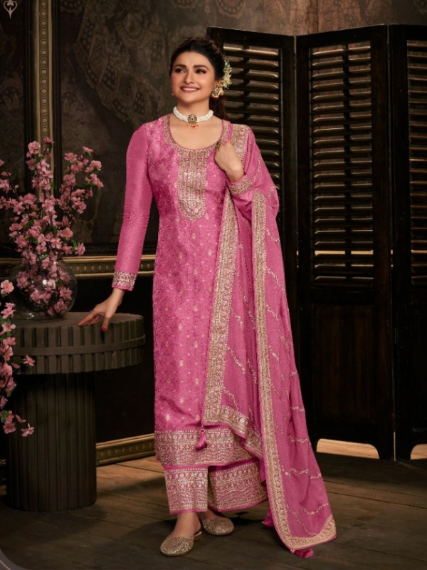 Pure Dola Jacquard Silk Party Wear Suit in Pink Color with Embroidery Work