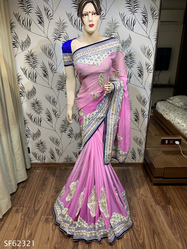 Pure Chiffon Silk Wedding Wear Saree In Pink With Embroidery Work 