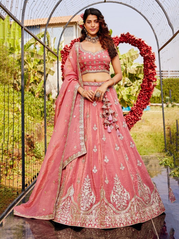 Pure Organza Silk Fabric Lehenga Pink Color Lehenga With Embroidery Work & Moti Work    