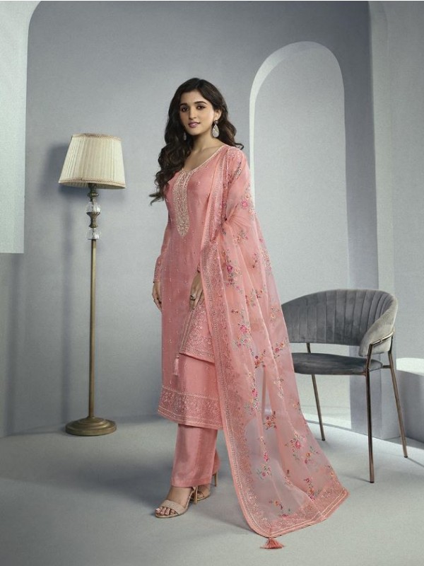 Pure Dola  Silk Party Wear Suit in Peach Color with Embroidery Work
