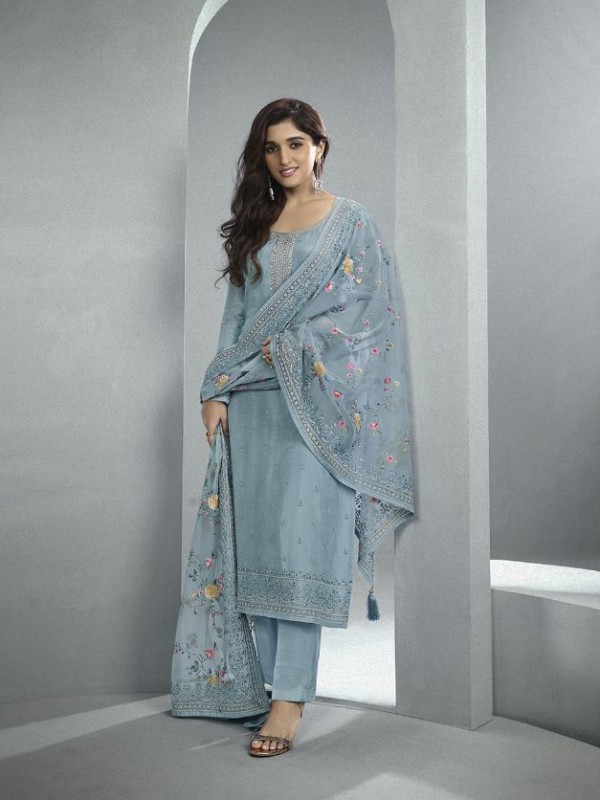 Pure Dola  Silk Party Wear Suit in Grey Color with Embroidery Work