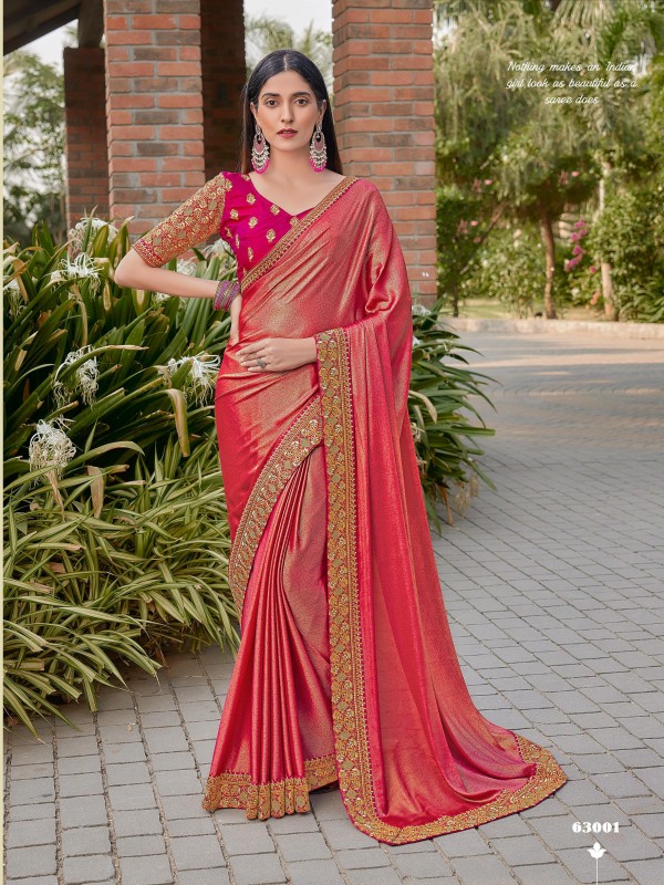 Fancy Silk Saree In  Pink Color With Embroidery Work