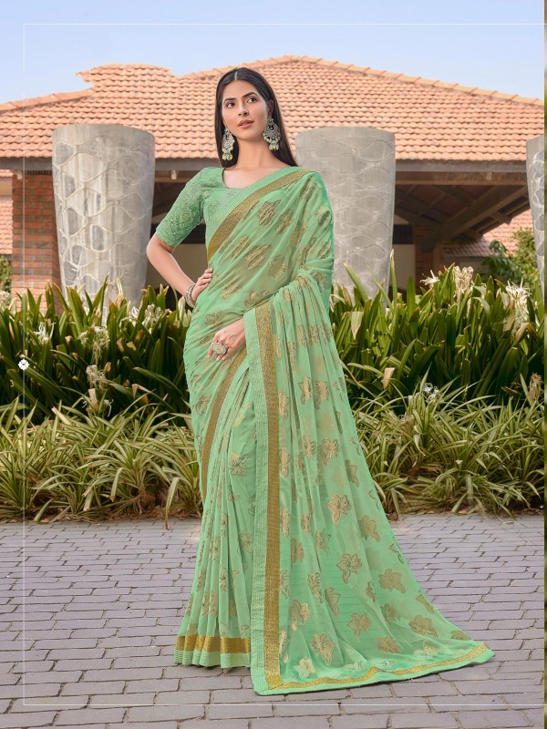 Fancy Silk Saree In Green Color With Embroidery Work