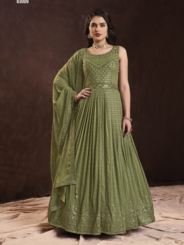 Pure Georgette  Party Wear Gown Green Color with  Embroidery Work
