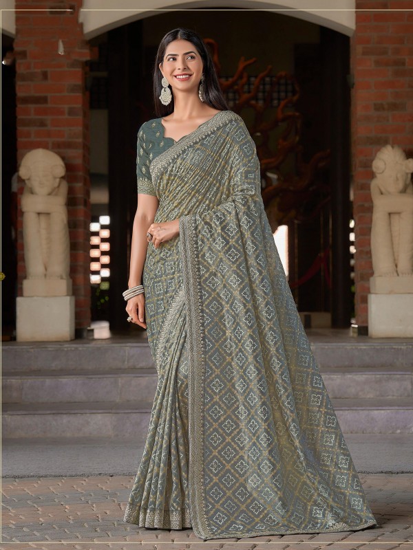 Fancy Silk Saree In Grey Color With Embroidery Work