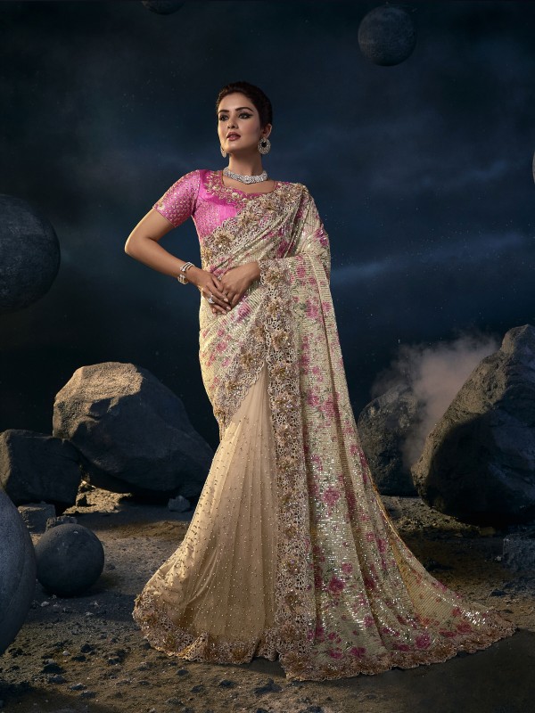 Soft Premium Net Wedding Wear Saree In Beige Color With Embroidery Work 