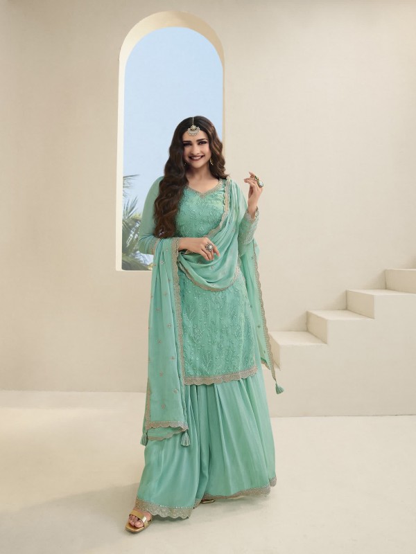 Pure Organza  Party Wear  Sharara in Turquoise Color with  Embroidery Work