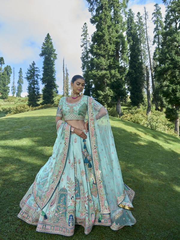 Pure Dola Silk Wedding Lehenga in Turquoise Color With Embroidery work