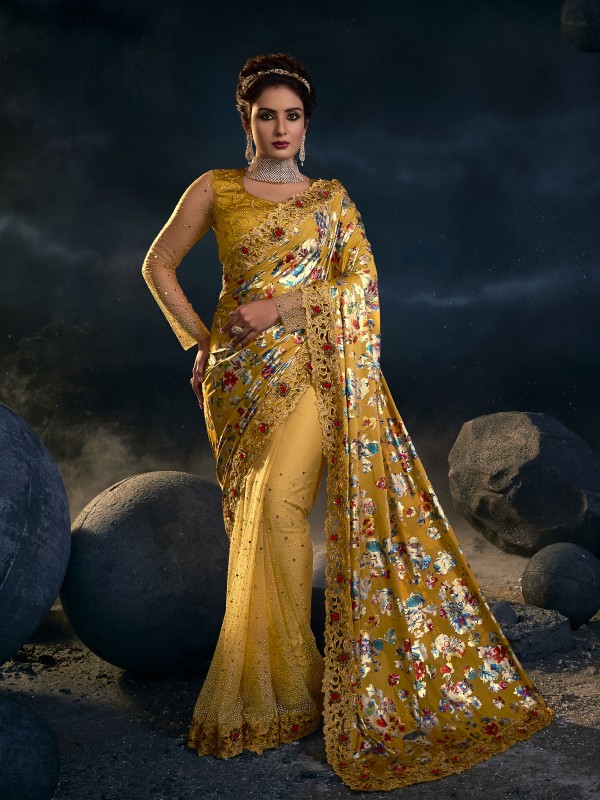 Pure Imported Laycra  With Net Wedding Wear Saree In Mustard Color With Embroidery Work 