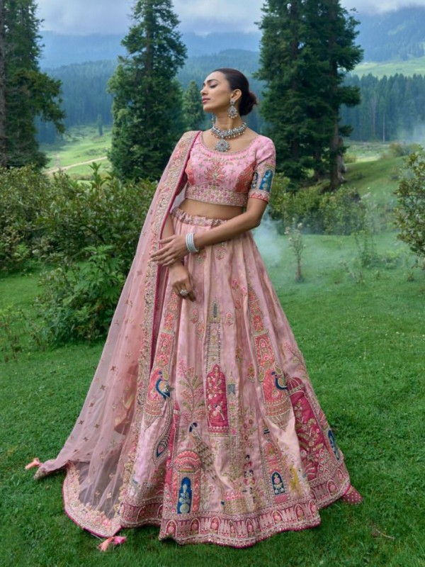 Pure Dola Silk Wedding Lehenga in  Pink Color With Embroidery work