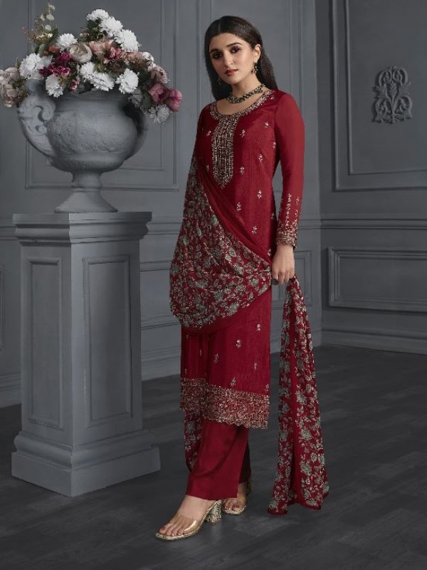 Crepe  Silk  Party Wear Suit in Maroon Color with Embroidery Work