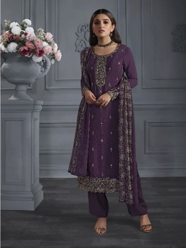 Crepe  Silk  Party Wear Suit in Purple Color with Embroidery Work