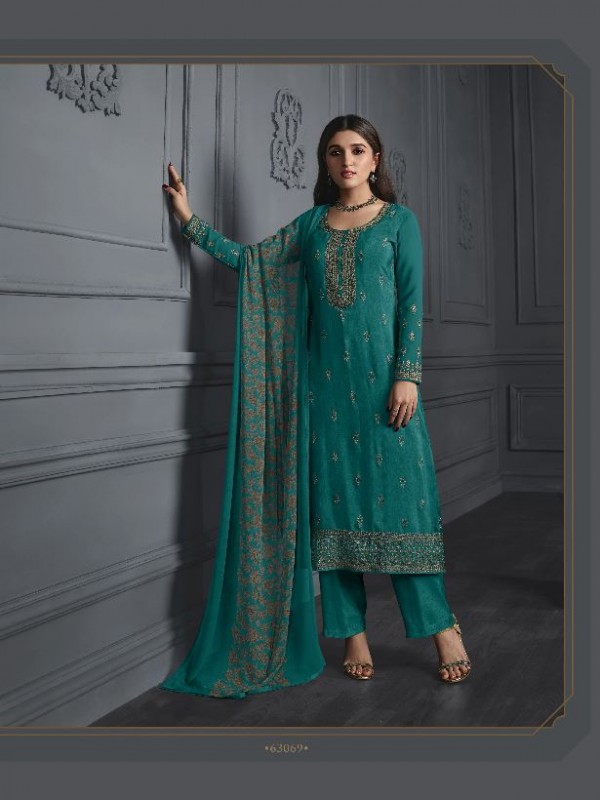 Crepe  Silk  Party Wear Suit in Turquoise Color with Embroidery Work