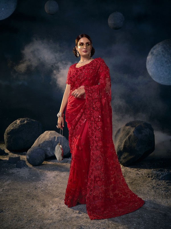 Soft Premium Net Wedding Wear Saree In Red Color With Embroidery Work 