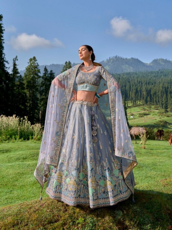 Pure Dola Silk Wedding Lehenga in Grey Color With Embroidery work