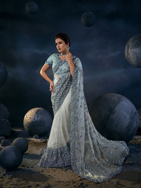 Soft Premium Net Wedding Wear Saree In Grey Color With Embroidery Work 
