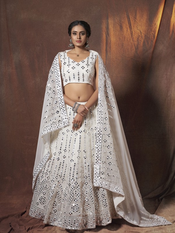  Georgette  Party Wear Lehenga In White With Embroidery  Work & Gotta Patti   Work