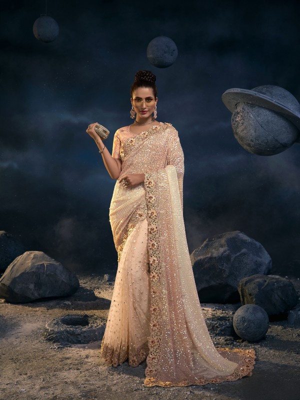 Pure Imported   With Net Wedding Wear Saree In Peach Color With Embroidery Work 