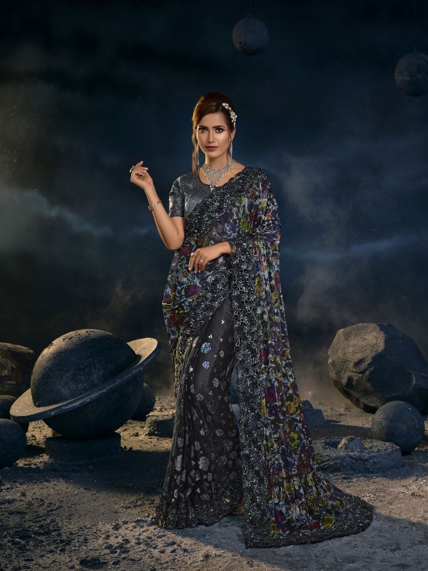 Pure Imported Laycra  With Net Wedding Wear Saree In Black Color With Embroidery Work 
