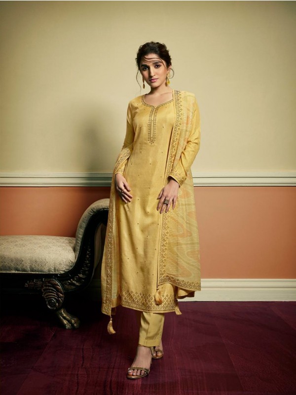 Pure Dola Silk Party Wear Suit in Yellow Color with Swarovski Work