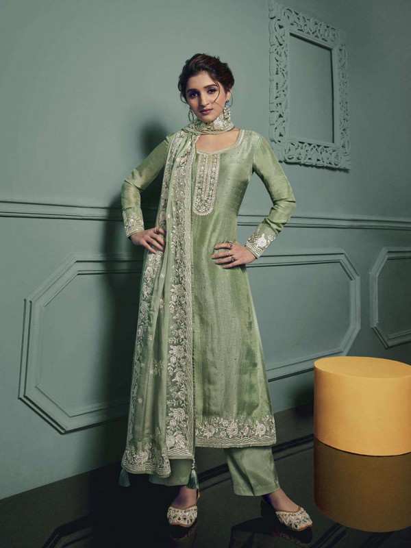 Pure Dola  Silk Party Wear Suit in Green Color with Embroidery Work