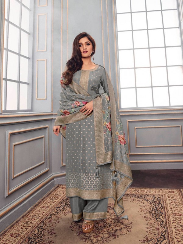 Pure Dola Silk Party Wear Suit in Grey Color with Swarovski Work