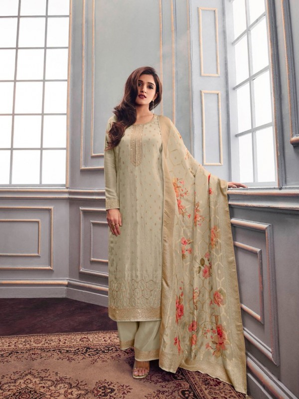 Pure Dola Silk Party Wear Suit in Cream Color with Swarovski Work