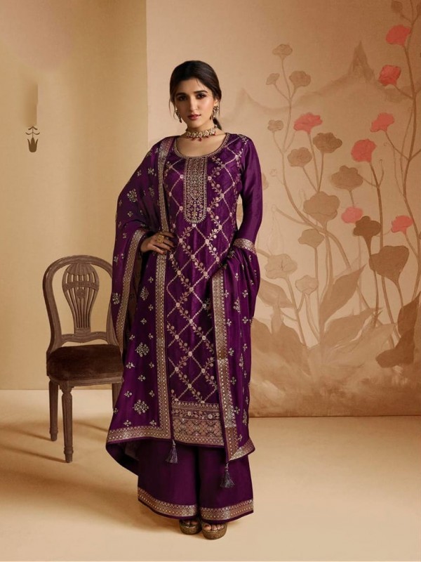 Pure Dola Jacquard  Silk Party Wear Suit in Purple Color with Embroidery Work