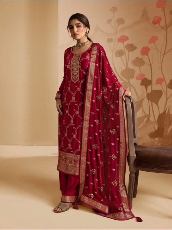 Pure Dola Jacquard  Silk Party Wear Suit in Red Color with Embroidery Work