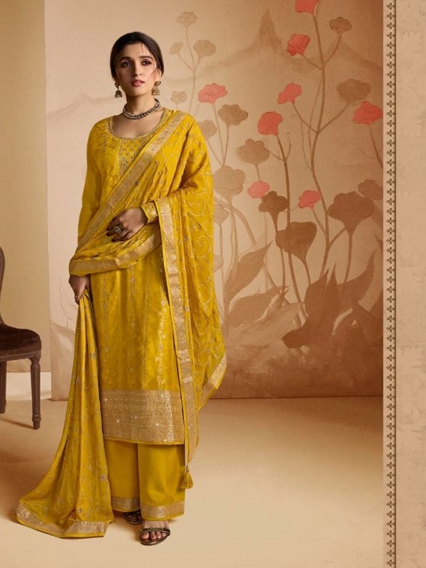 Pure Dola Jacquard  Silk Party Wear Suit in Yellow Color with Embroidery Work