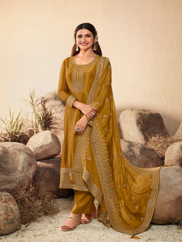 Pure Dola  Silk Party Wear Suit in Mustard Color with Embroidery Work