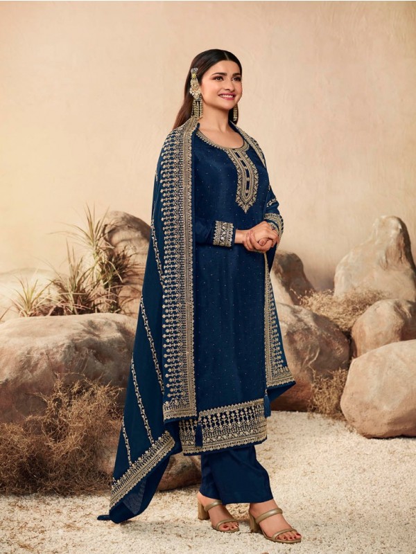 Pure Dola  Silk Party Wear Suit in  Blue Color with Embroidery Work