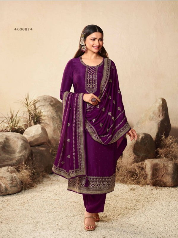 Pure Dola  Silk Party Wear Suit in  Purple Color with Embroidery Work