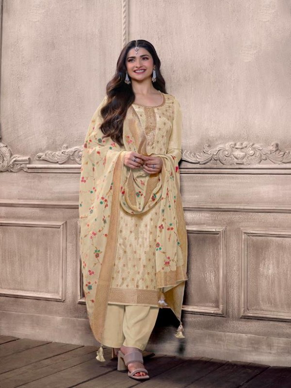 Pure Dola Jacquard Silk Party Wear Suit in Cream Color with Embroidery Work