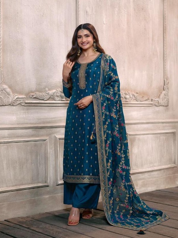 Pure Dola Jacquard Silk Party Wear Suit in Teal Blue Color with Embroidery Work
