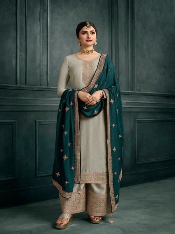  Georgette Silk  Party Wear  Suit  in Grey Color with  Embroidery Work