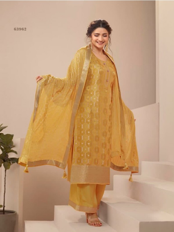 Pure Dola Jacquard Silk Party Wear Suit in Yellow Color with Embroidery Work