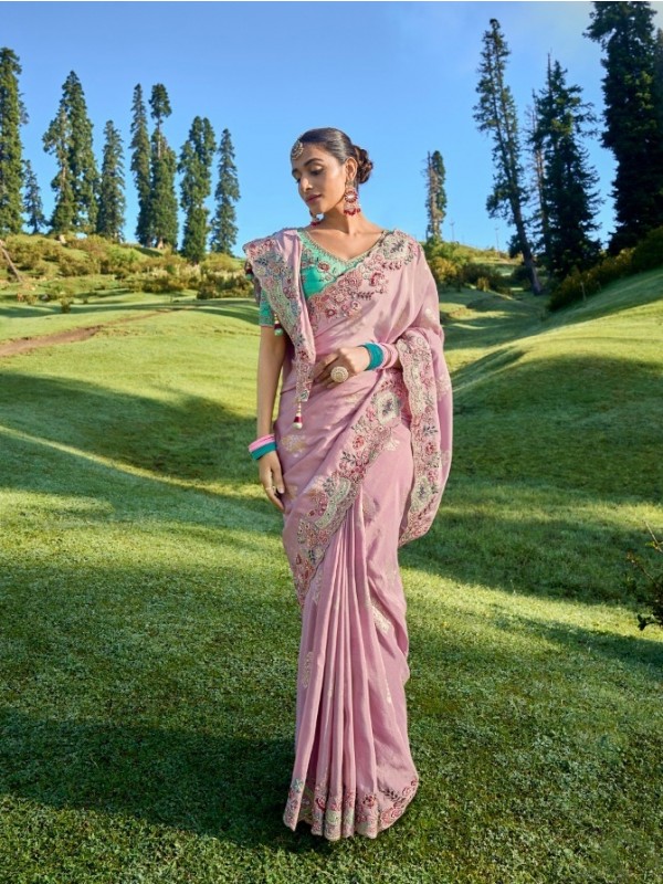 Pure Dola Silk Saree In Pink Color With Embroidery Work