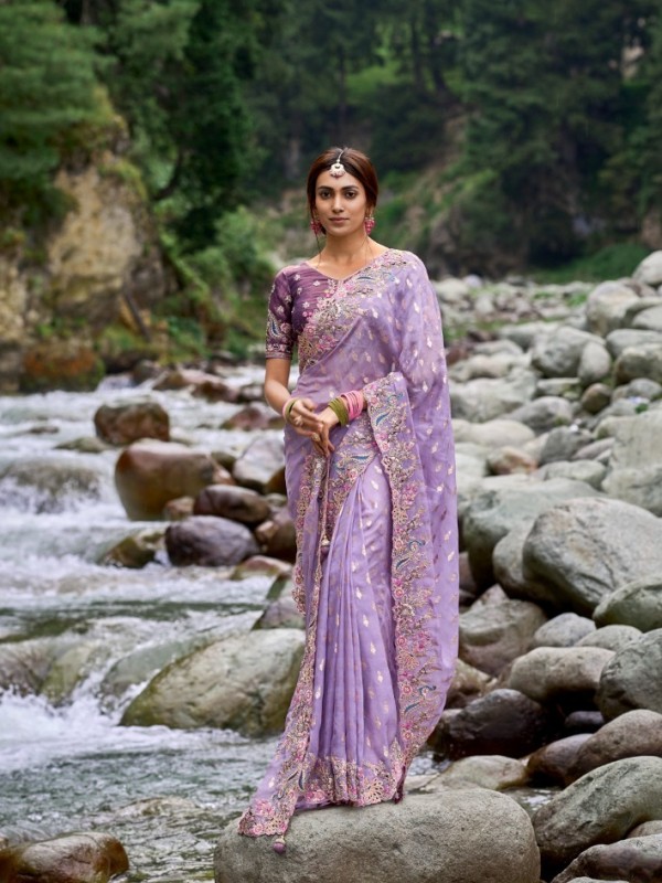 Pure Dola Silk Saree In Purple Color With Embroidery Work