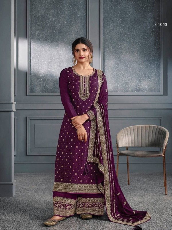 Pure Dola Jacquard  Silk Party Wear Plazo in Purple Color with Embroidery Work