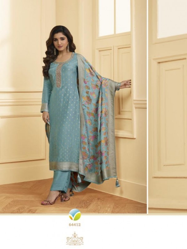 Pure  Jacquard  Silk Party Wear Suit in Sea Blue Color with Embroidery Work